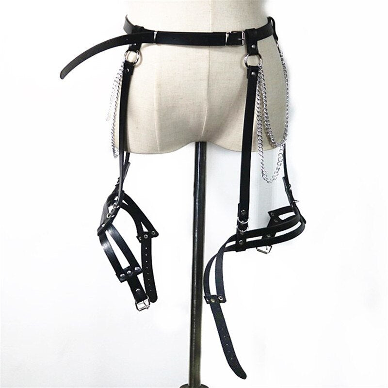 Trendy Punk Black Leather Body Chians Belt Jewelry Chains Anklet Harness Women Cage Belts Waist to Leg Bondage Rave Emo Jewelry