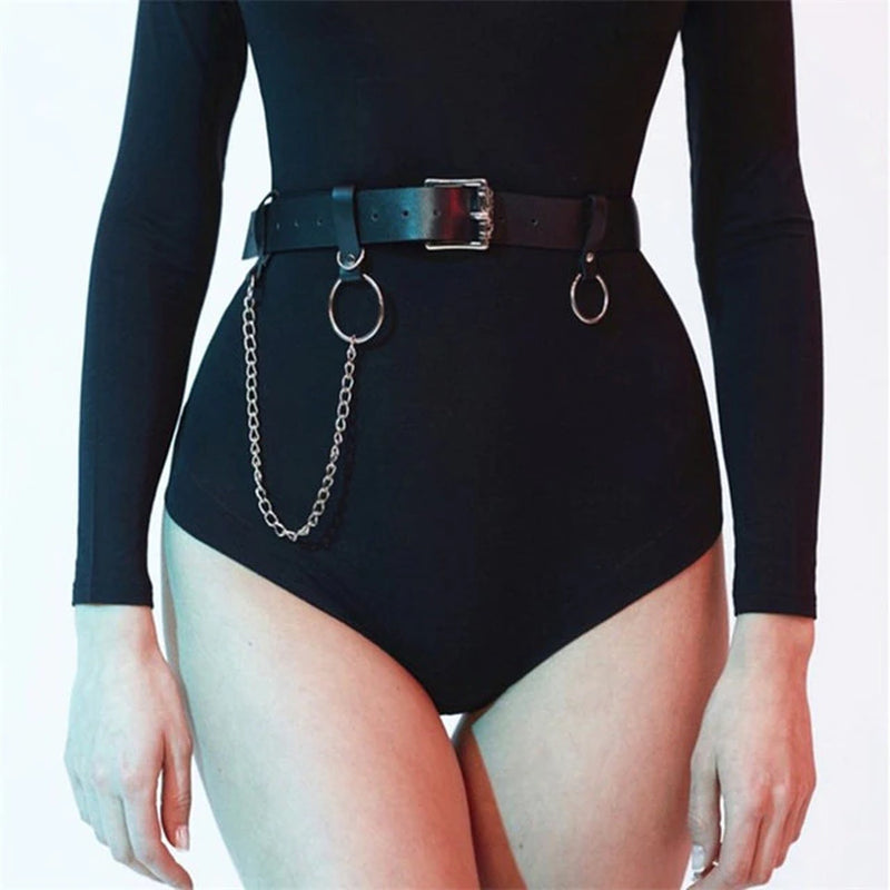 Trendy Punk Black Leather Body Chians Belt Jewelry Chains Anklet Harness Women Cage Belts Waist to Leg Bondage Rave Emo Jewelry