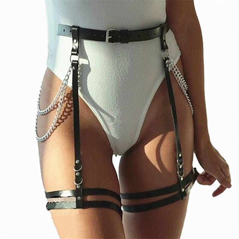Trendy Punk Black Leather Body Chians Belt Jewelry Chains Anklet Harness Women Cage Belts Waist to Leg Bondage Rave Emo Jewelry
