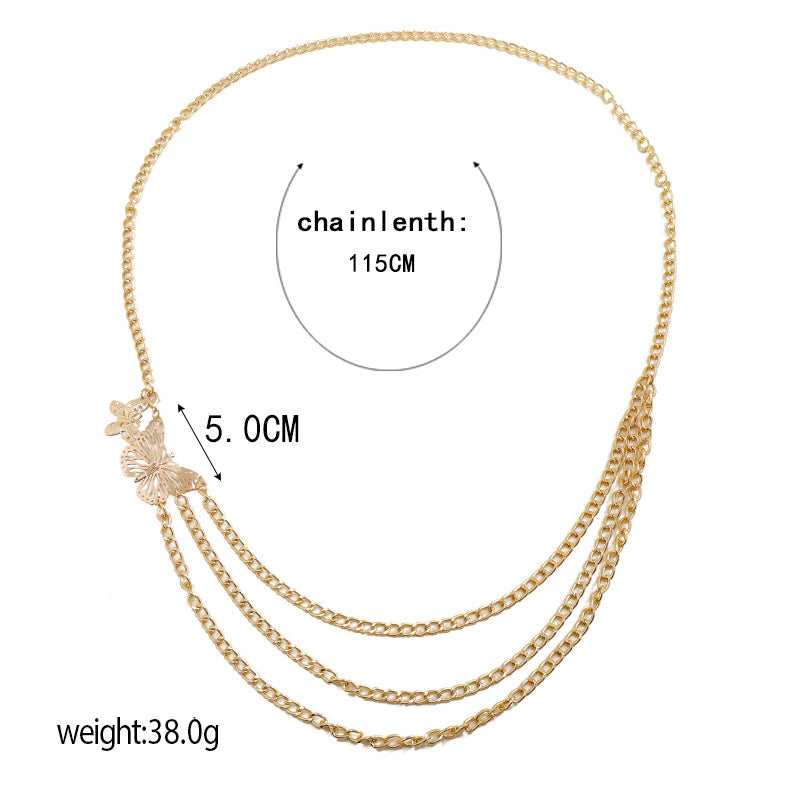 Multi Layer Metal Butterfly Waist Chain Tassels Girdling Alloy Body Chain Gold Silver Color Street Pleasure for Women Girls