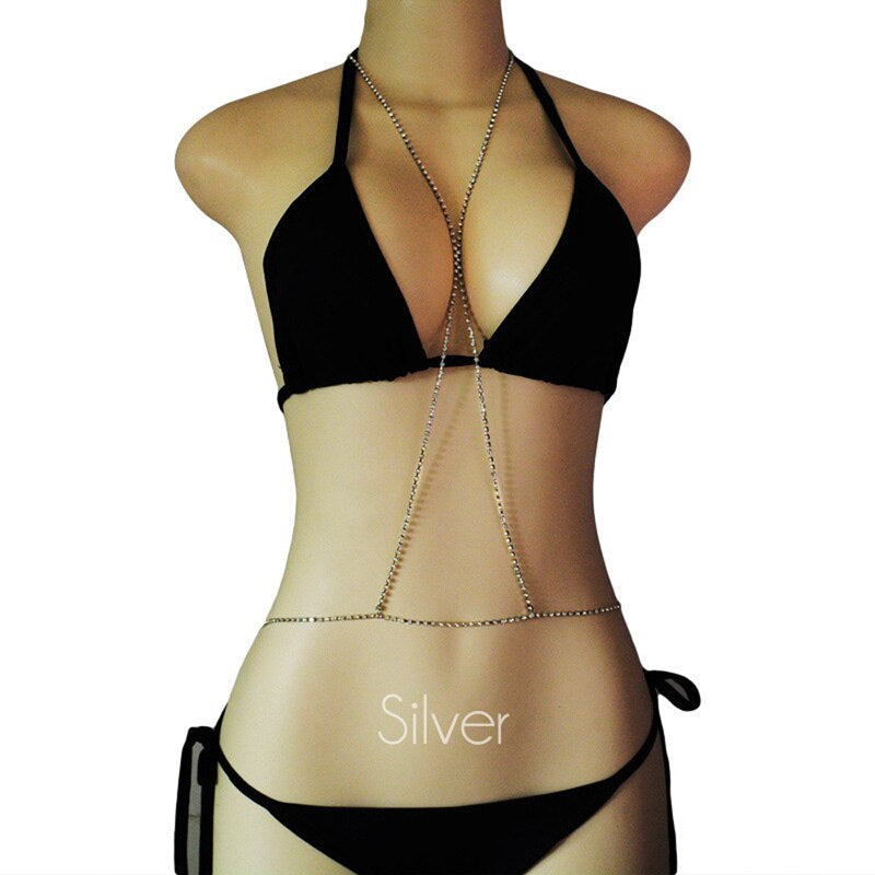 Cross Crystal Chest Chain Summer Beach Harness Bikini Necklace for Women Girls Sexy Waist Belly Breast Chains Body Chain Jewelry