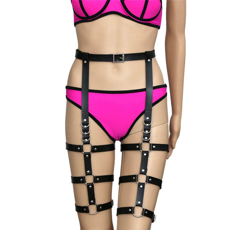 Trendy Punk Black Leather Body Chians Belt Jewelry Chains Anklet Harness Women Cage Belts Waist to Leg Bondage Rave Emo Jewelry