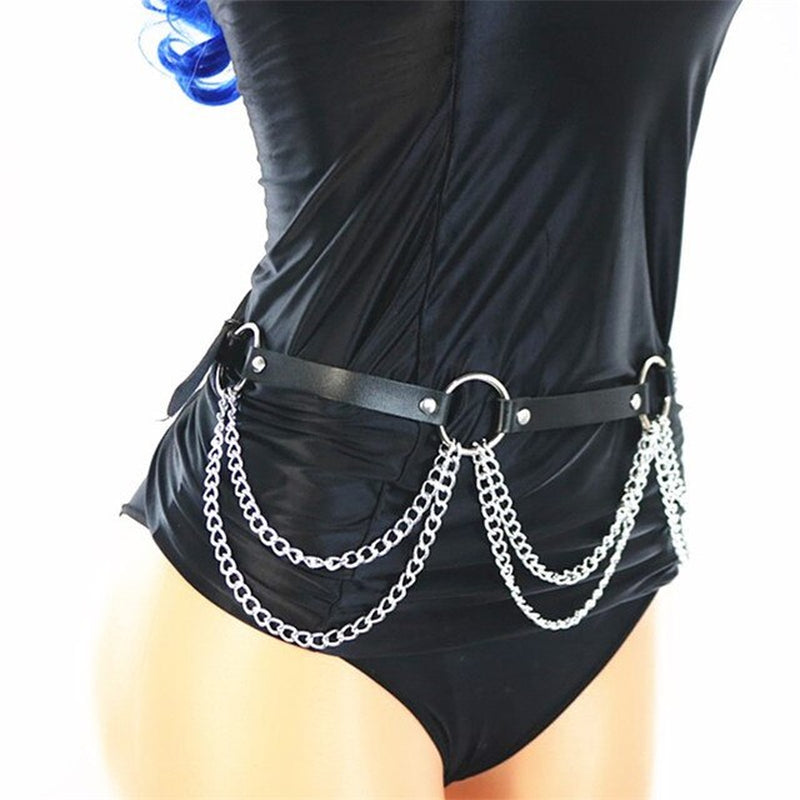 Trendy Punk Black Leather Body Chians Belt Jewelry Chains Anklet Harness Women Cage Belts Waist to Leg Bondage Rave Emo Jewelry